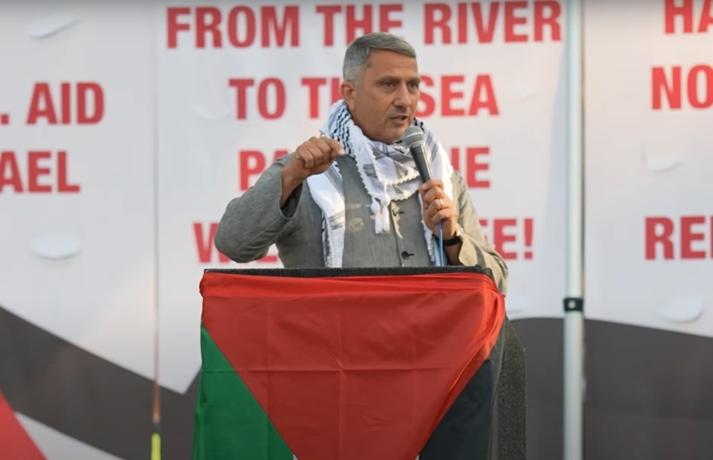 AMP's Hatem Bazian gives a speech at the National Rally and March at the 2024 DNC in Chicago, on August 21, 2024.