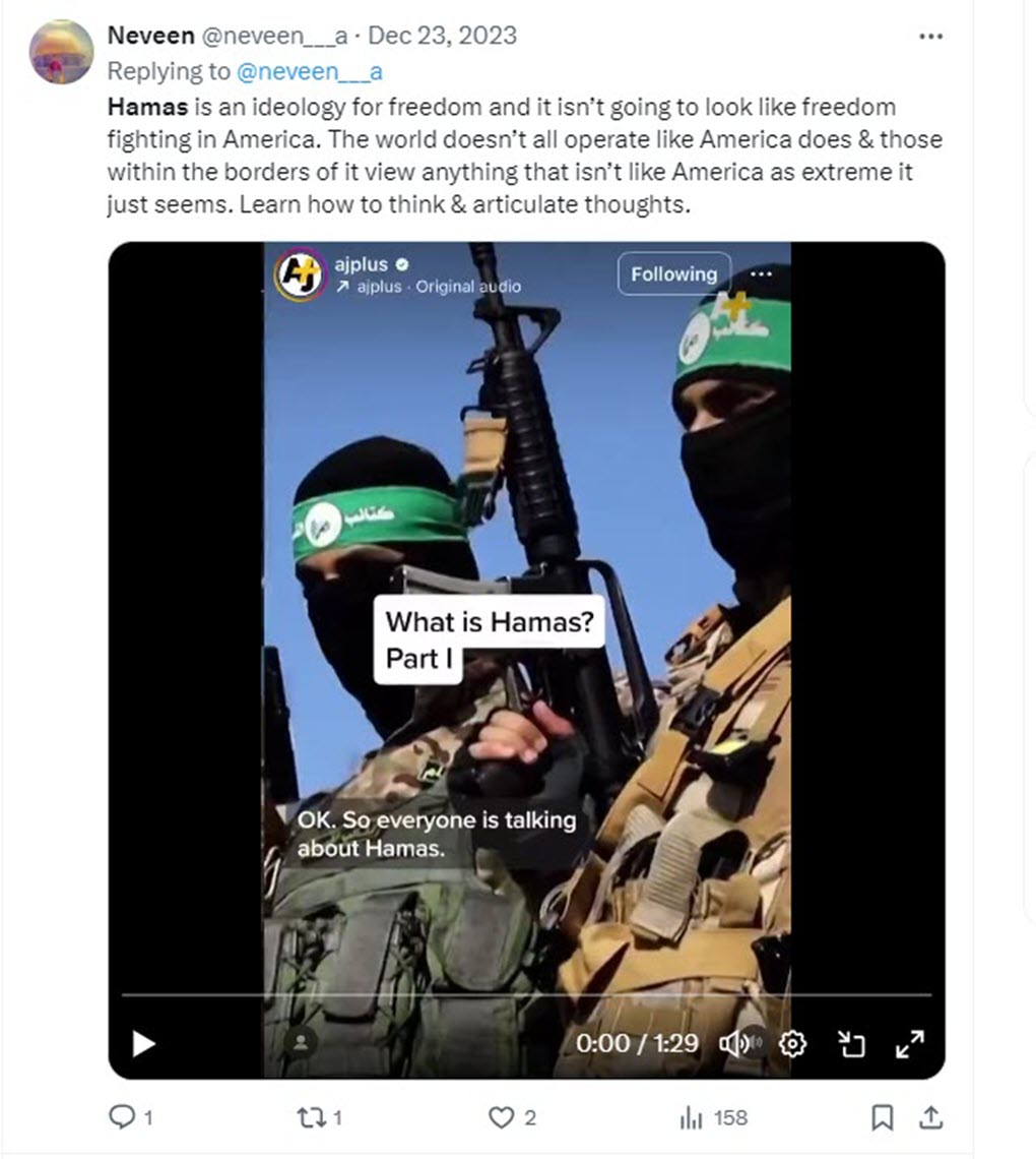 AMP's Neveen Ayesh shared a video from Al Jazeera Plus about Hamas’s military wing in December 2023, praising the organization as “an ideology for freedom” and lionizing the late arch-terrorist Yahya Sinwar. (Source:Twitter/Screenshot)