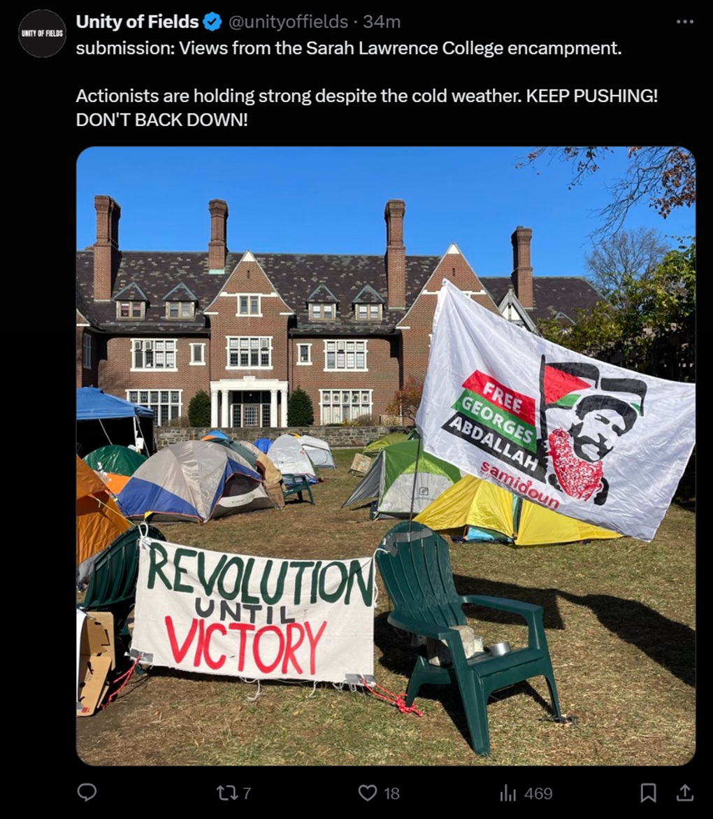 A screenshot of a post by Unity of Fields from Sarah Lawrence College's fall encampment of a flag bearing the Samidoun logo and the image of convicted terrorist Georges Abdallah. (Twitter/Screenshot)