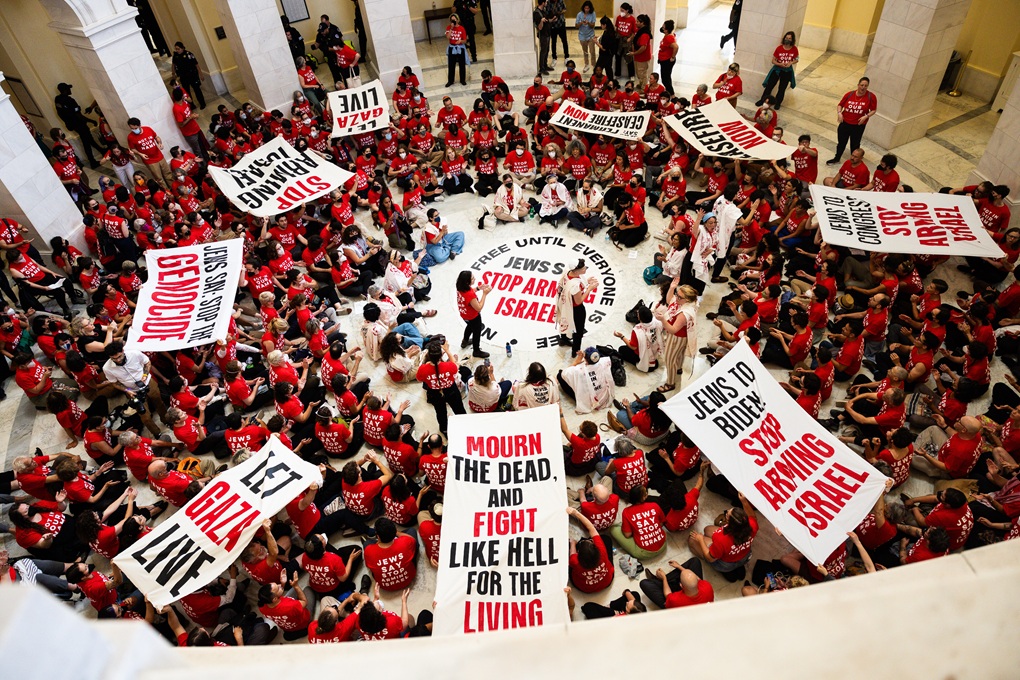 Demonstrators from Jewish Voice for Peace protest the war in Gaza at the Canon House Building on July 23, 2024 in Washington, DC