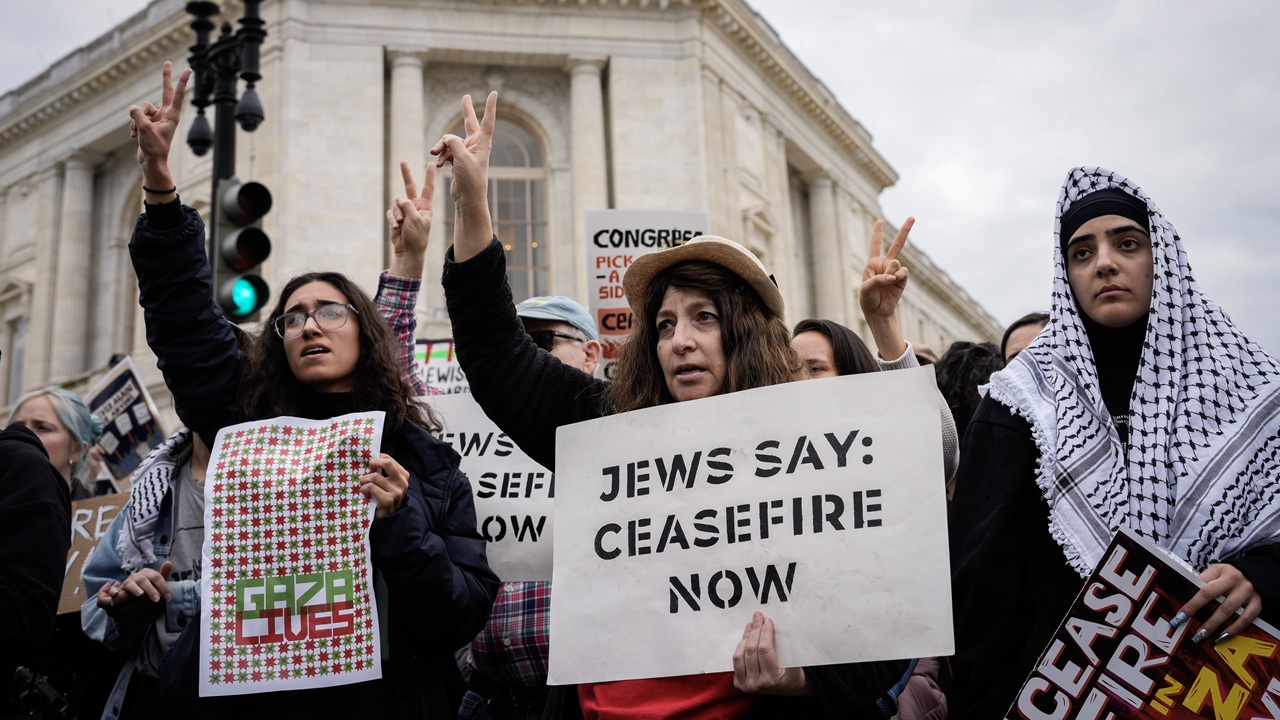 Demonstrators organized by Jewish Voice for Peace and IfNotNow rally to demand a ceasefire in Gaza on October 18, 2023 near the U.S. Capitol in Washington, DC. 