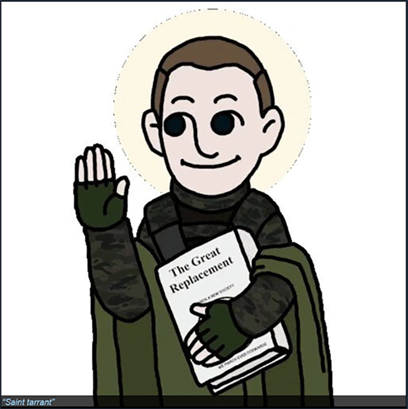 Showcase image depicting Tarrant as a saint, holding his manifesto like a bible.