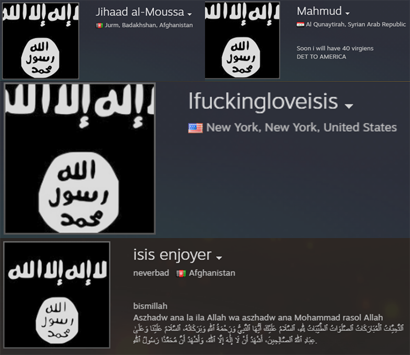 Examples of the ISIS flag in avatars, with one user named “Ifuckingloveisis [sic]” and another named “isis [sic] enjoyer.”