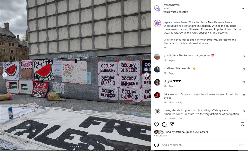 An Instagram post by JVP New Haven that shows protest signs set up at Yale University, including an illustration of PFLP terrorist Leila Khaled.