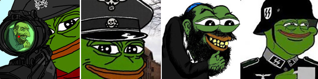 From left to right: Antisemitic Steam Community avatar with a Nazi-dressed Pepe sniping a happy merchant, suggesting violence against Jews, Steam Community avatar showing Pepe in an S.S. uniform outside of Auschwitz, Antisemitic Steam Community avatar combining the happy merchant meme with Pepe and white supremacist Steam Community avatar depicting Pepe in an S.S. uniform.