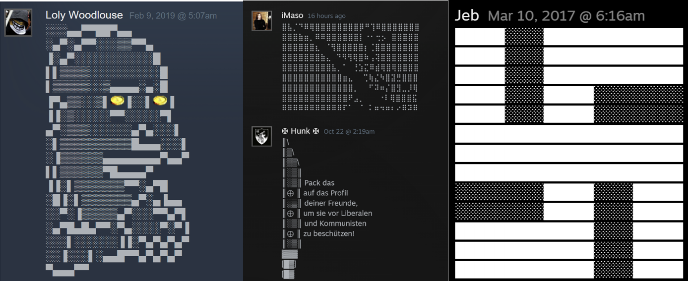 Examples of extremist or hateful copypastas shared on Steam.