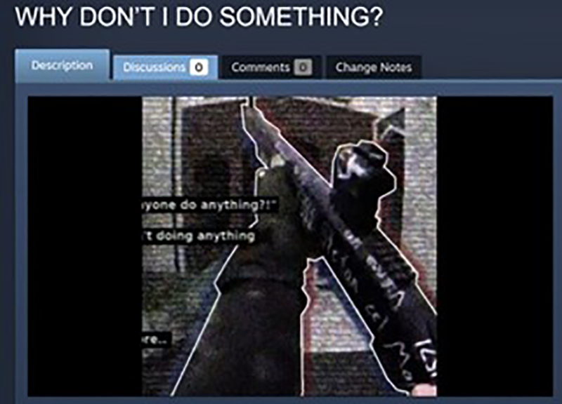 Showcase images showing screenshots from Tarrant’s mass killing, one of which (right) includes quotes from his manifesto.