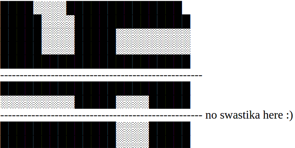 An ASCII art swastika posted on Steam; it has been altered, seemingly with the intent to evade detection.