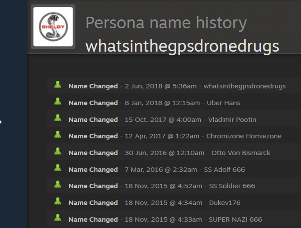 A user’s name history shows a user’s past extremist persona names, even though their current name is not extremist.