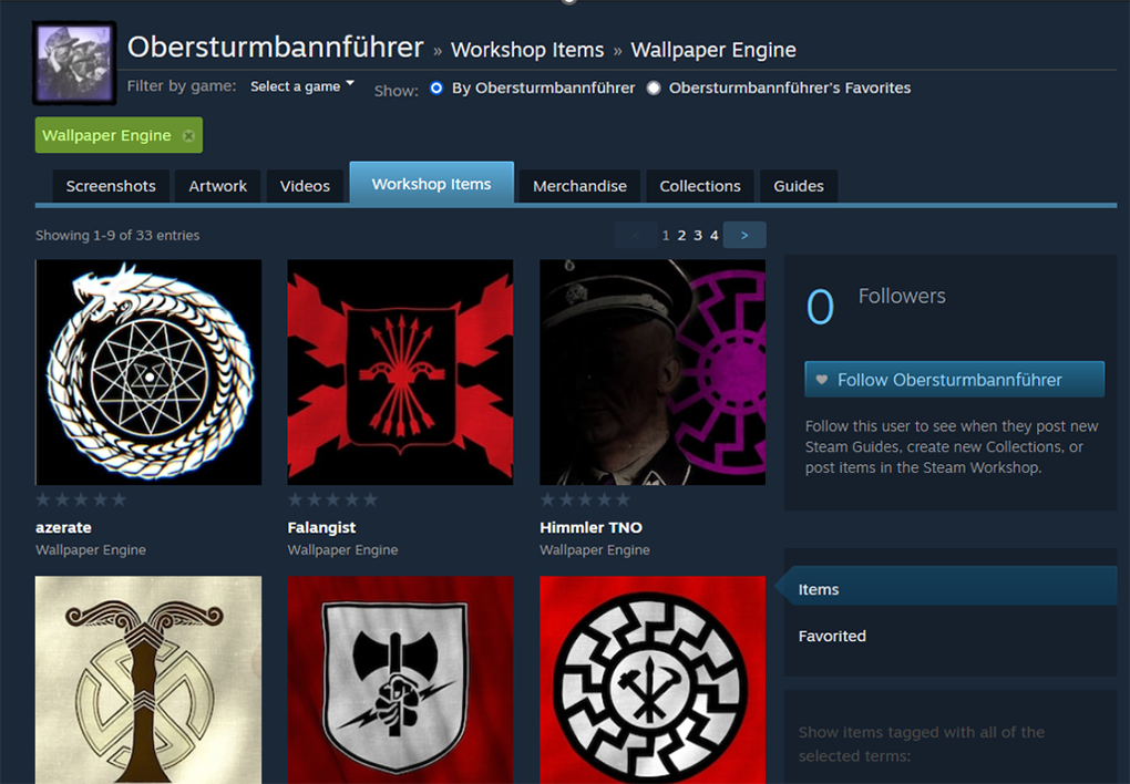 Several extremist symbols in a user’s Steam Workshop items.