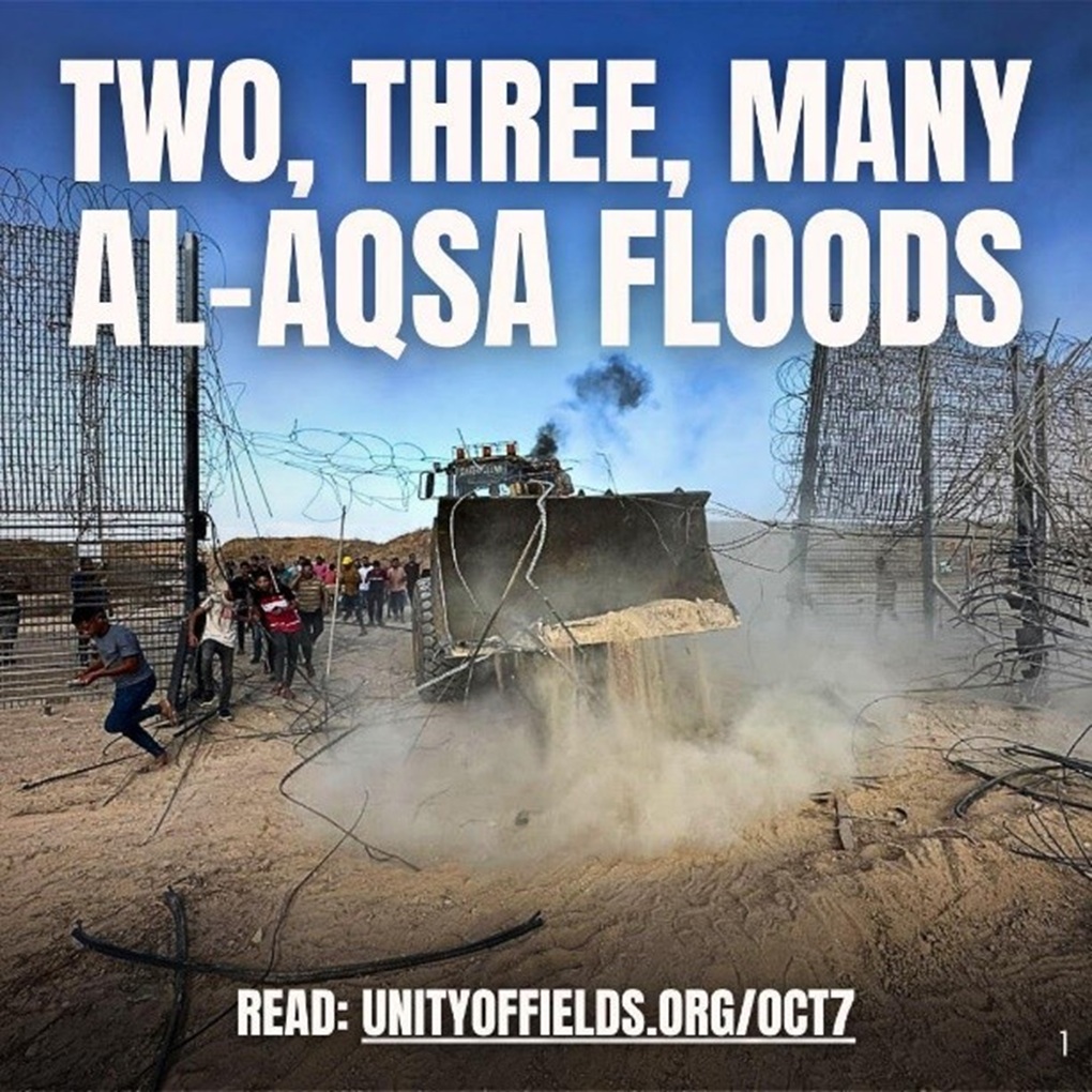 On the anniversary of the Hamas October 7 attack, Unity of Fields posted a statement celebrating “the Al-Aqsa Flood” — Hamas’s official name for the terror massacre — with a photo from the day of the invasion into southern Israel.