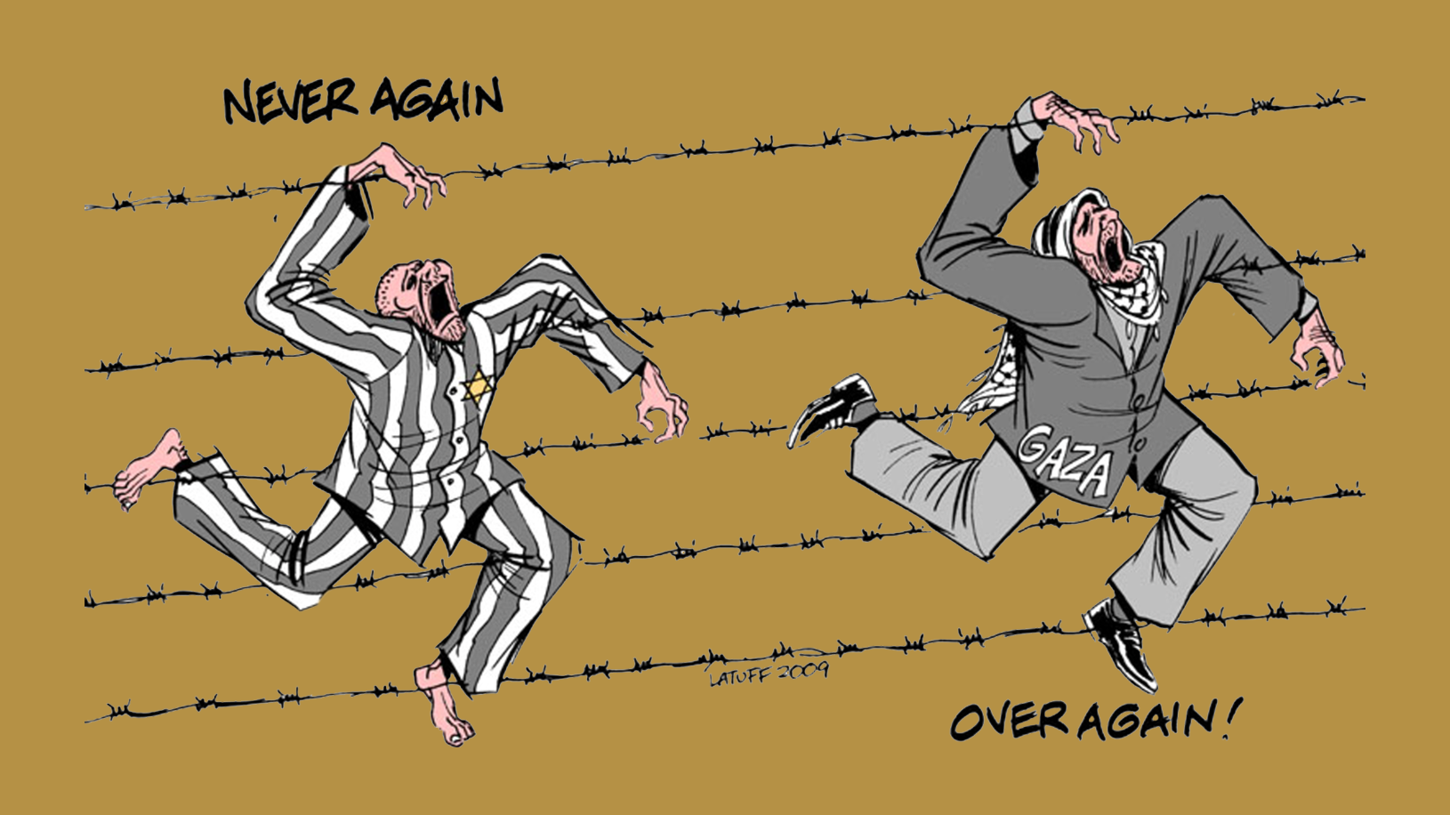 Cartoon comparing Israel’s treatment of Palestinians to the actions of the Nazis towards Jews