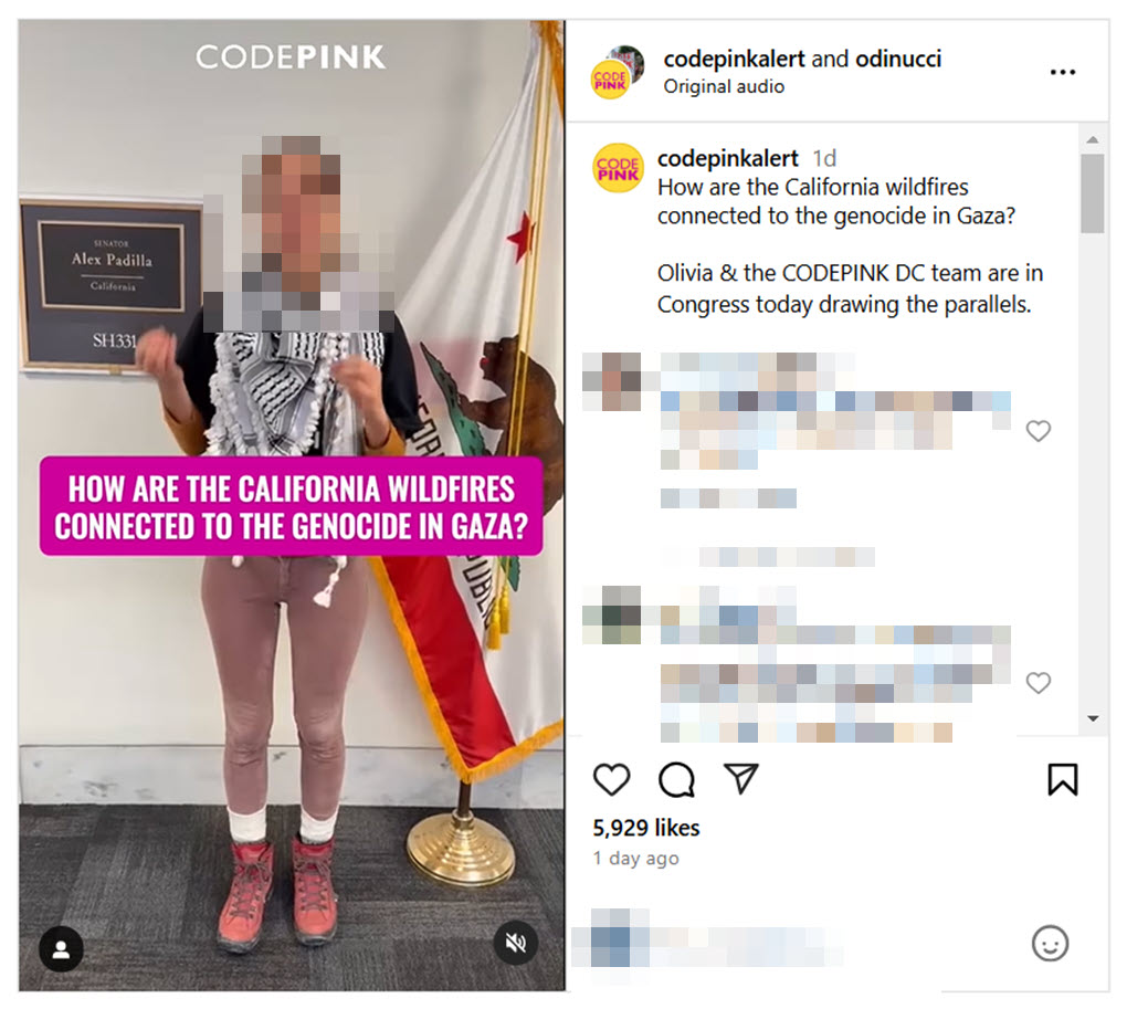 Code Pink tries to connect Israel’s war in Gaza to the Los Angeles fires. Source: Instagram