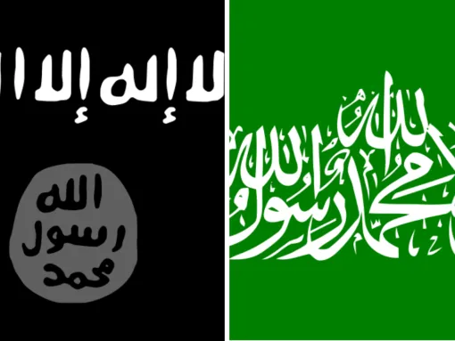 An illustrative composite image of the ISIS (left) and Hamas (right) flags