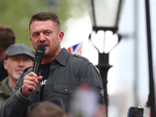 Tommy Robinson speaks at a demonstration at Richmond Terrace, Whitehall on April 23, 2024 in London, England