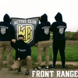 Several people in black hoodies with a logo posing in front of an Active Club flag, with caption Front Range.