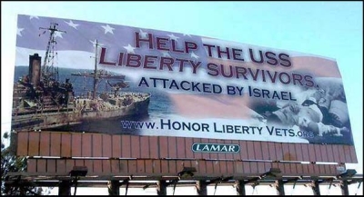 San Diego, California – March, 2015: This ad is part of an anti-Israel conspiracy that suggests Israel intentionally attacked the USS Liberty in 1967.