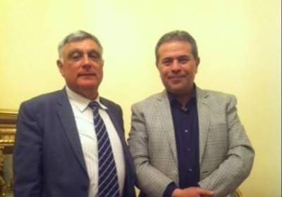 MP Tawfik Okasha (right) hosts Israeli ambassador Haim Koren.