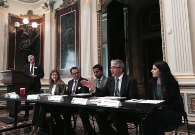 (From left to right) John Walsh, US Attorney for Colorado Moderator;  Megan Mack, Department of Homeland Security; Robert Moossy, Department of Justice; Paul Montiero, Department of Justice; Michael Lieberman, Anti-Defamation League; Madihha Ahussain, Muslim Advocates.